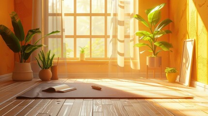 Bright and Peaceful Morning Routine in a Sunlit Room with Yoga Mat and Journal Capturing the Essence of a Fresh Start