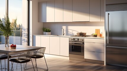 Soft morning light filtering through sleek countertops and stainless steel appliances in a cozy modern kitchen