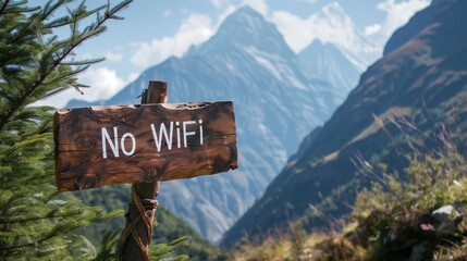 Wooden sign prominently displays the message No WiFi against a breathtaking mountainous backdrop, symbolizing the growing trend of digital detox and the pursuit of offline adventures in nature.