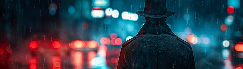 Mysterious Stranger, Trench Coat, Masked Vigilante, Blending into the Shadows, Rainy Night, 3D Render, Silhouette Lighting, Chromatic Aberration