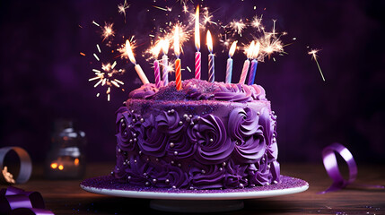 Purple birthday celebration cake with sparkler