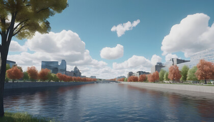 View of the river in the city with skyscrapers in the background. Generative AI