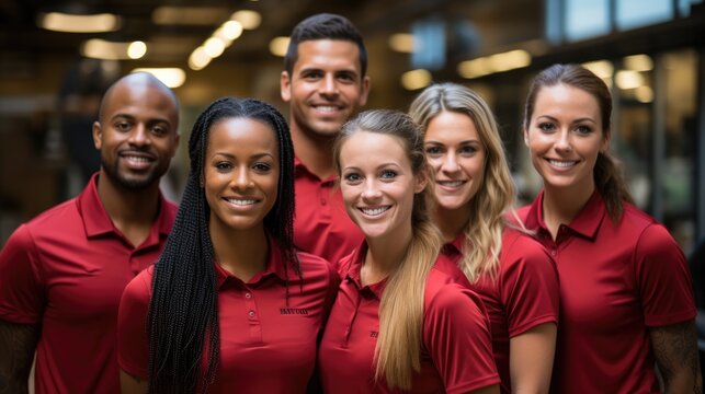 Young nerdy slim geek diverse ages team in red t-shirts