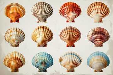 Seashell clipart, Pop Art design, summer colors and sepia, soft background, enhancing maritime charm