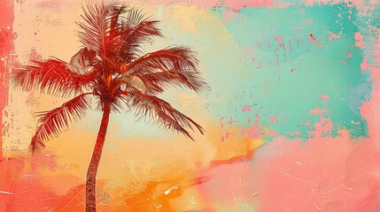 Fototapeta na wymiar Pop Art palm tree, bright summer hues, sepia overlay, soft background, increased tropical allure