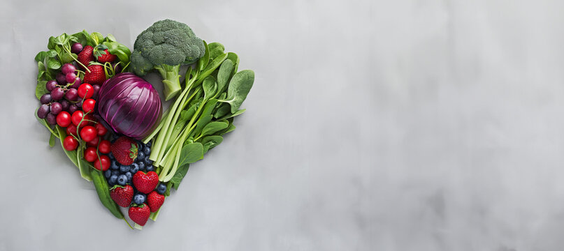Heart-shaped arrangement of fresh vegetables and fruits on a white background, highlighting a love for healthy eating and nutritious foods.