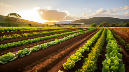 Rows of vegetable crops on organic smallholding farm