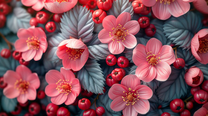 Spring flowers on blush background berries leaf floral pattern.