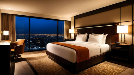 A Luxurious Escape with a Million-Dollar View: A Hotel Room Boasts a King-Sized Bed and a Panoramic Window Framing a Breathtaking Cityscape Illuminated at Night