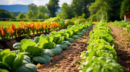 Rows of vegetable crops on organic smallholding farm - obrazy, fototapety, plakaty