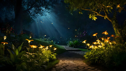 A Nighttime Trek Through a Forest Path Illuminated by Fireflies