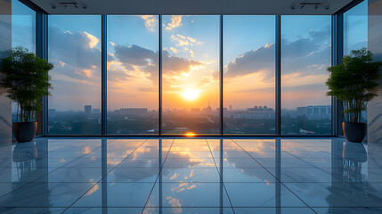 Sunrise view through the panoramic windows of a high-rise office. 3D rendering of a modern corporate lobby design concept.Design for wallpaper, print, and architectural visualization with copy space