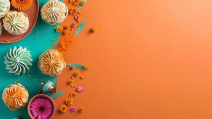 Minimalist and vibrant portrayal of Holi festival snacks and Thandai, with turquoise accents adding a playful touch against an orange backdrop