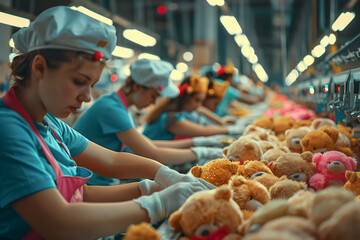 Worker inspecting stuffed toys on a production line in a factory. Quality assurance in the toy manufacturing industry concept for design and print. Indoor industrial photography with selective focus