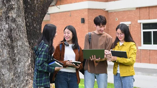 young Asian college students and a female student group work at the campus park