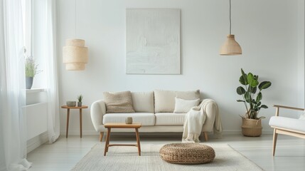 Modern minimalist living room with neutral tones, natural light, and stylish furniture.