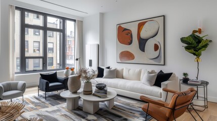 Chic urban living room with large windows, featuring a bold modern artwork and a tasteful blend of contemporary and vintage furniture.