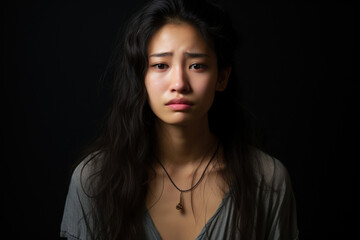 Naklejka premium Asian young female upset crying misunderstood stressed sad on studio background. Worried woman unrequited love or war. Social economic psychological age problems parenting concept