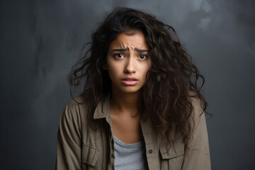 Fototapeta premium Shocked student African-American upset crying misunderstood stressed sad on studio background. Worried woman unrequited love or war. Social economic psychological age problems parenting concept