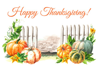 Happy Thanksgiving card with pumpkins. Hand drawn watercolor illustration, isolated on white background  - 777991955