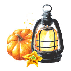 Lantern and pumpkin, Thanksgiving Day Concept. Hand drawn watercolor illustration isolated on white background - 777991970