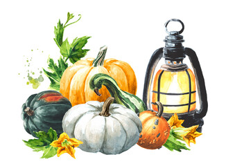 Lantern and pumpkins, Thanksgiving Day Concept. Hand drawn watercolor illustration, isolated on white background - 777991995