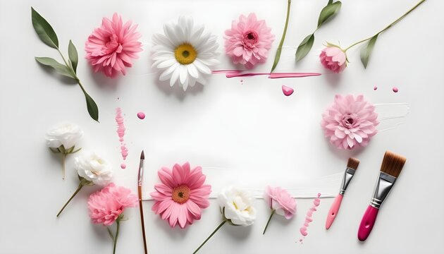 Realistic Picture of a Flower Composition Creative Layout Featuring Pink and White Flowers Alongside a Paintbrush on a White Background. Presented as a Flat Lay with a Top-Down View anflowers on table
