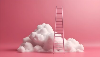 Step Ladder Leading to Clouds Growth, Future, Development Concept. Minimalist Pink Composition,...