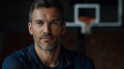 Fototapeta premium Outdoor basketball court, coach and happy man portrait training, collaboration and sports for college athlete team, professional player and fitness group. Proud, smile and teaching expert game skills