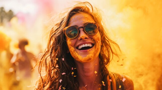 portrait of a woman during a vibrant summer music festival, scene with joyful crowd and yellow smoke bomb