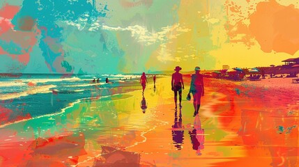 Pop Art beach scene, summer vibes, bright colors mixed with sepia, soft background, charmingly vibrant