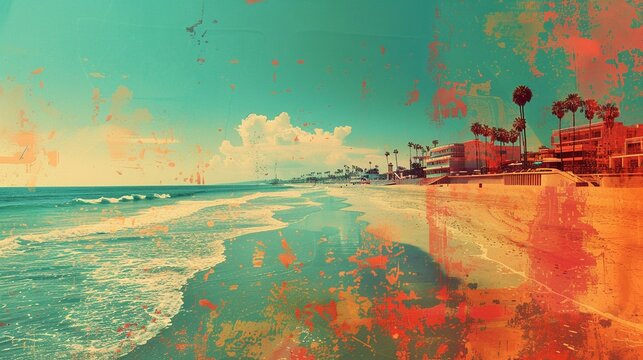 Pop Art beach scene, summer vibes, bright colors mixed with sepia, soft background, charmingly vibrant