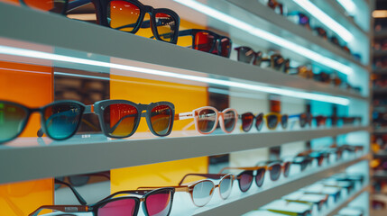 Storefront shelves of various modern sunglasses in retail store. Display rack full of sunglasses. Stand with sunglasses. Fashionable Trendy sunglasses, Summer eyeglasses on the shop