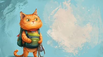 Cat adventurer with backpack on his back