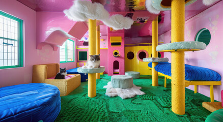 A colorful cat playroom with climbing structures, clouds and tree houses for cats to explore and bathe in. Pink walls, yellow furniture, blue beds, green plush carpeting on the floor