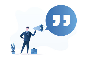 Businessman uses loudspeaker and giving a speech, public relations. Business motivation speech, pep talk. Giant symbol of quote, message. PR manager doing announcement.