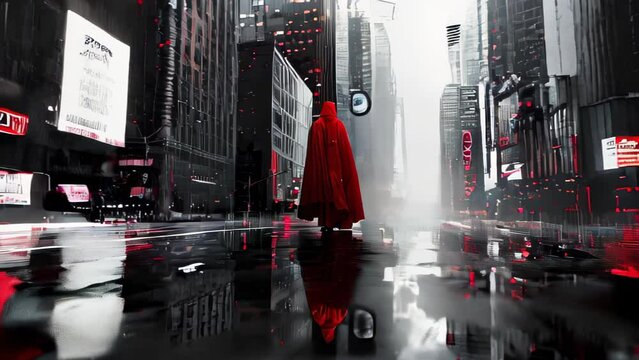 Neon signs and skyscrapers flank a solitary man cloaked in red, striding through mist-shrouded streets of a futuristic metropolis. 