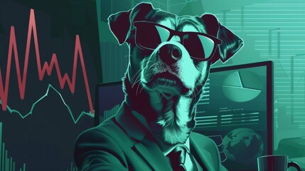 Illustration of Dog investor, investing money, smart dog - obrazy, fototapety, plakaty