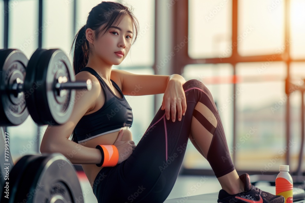 Wall mural Woman Sitting on Ground With Barbell