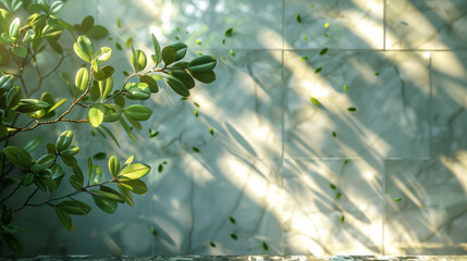 Spring sunlight in green branch of tree with shadow on white marble tile wall, wood table, copy...