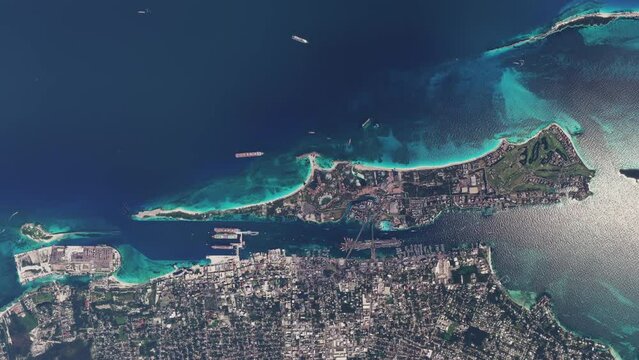 Top aerial shot of Atlantis Paradise Island harbor in the Caribbean. The Bahamas
