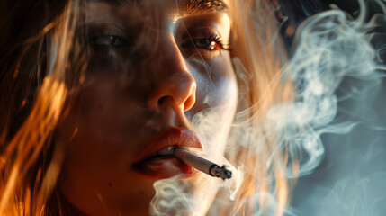Fototapeta premium Beautiful woman smoking, close-up, dark background