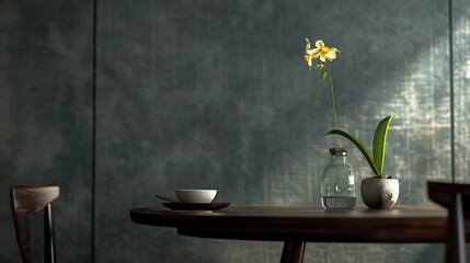 A contemporary dining space featuring a dark wooden table set with minimalist tableware, adorned with a small vase holding a single stem of a vibrant flower, adding a subtle touch of elegance