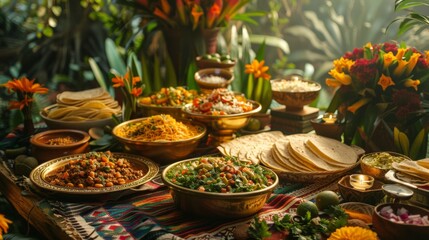 A table filled with assorted foods ranging from fruits to meats, creating a colorful and appetizing...
