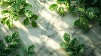 Spring sunlight in green branch of tree with shadow on white marble tile wall, wood table, copy space.