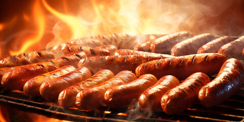 Sausage grilling on fire perfection delicious barbecue savory traditional with firy background
