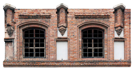 Fragment of an ancient red  brick building with arched windows isolated