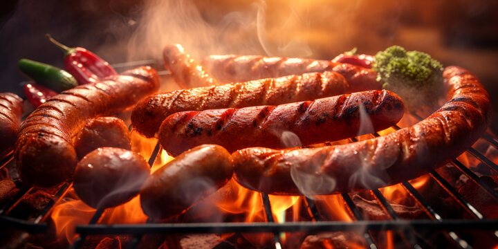 Flamekissed flavor traditional South African braai borewors sausage on fire background
