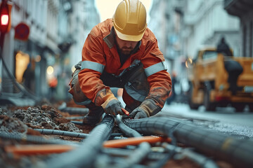 Construction worker splicing cables on city street. On-site industrial action shot. Urban development and maintenance concept. Design for banners, service brochures, and infrastructure documentation