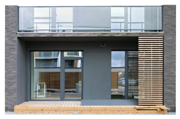 Modern standard system of windows, balconies and doors in a residential building isolated